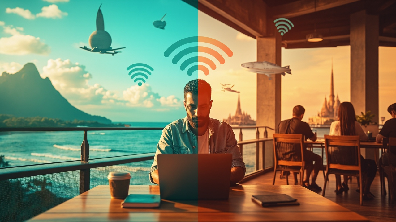 Modern co-working space with laptops and digital nomads working in a bright, contemporary environment