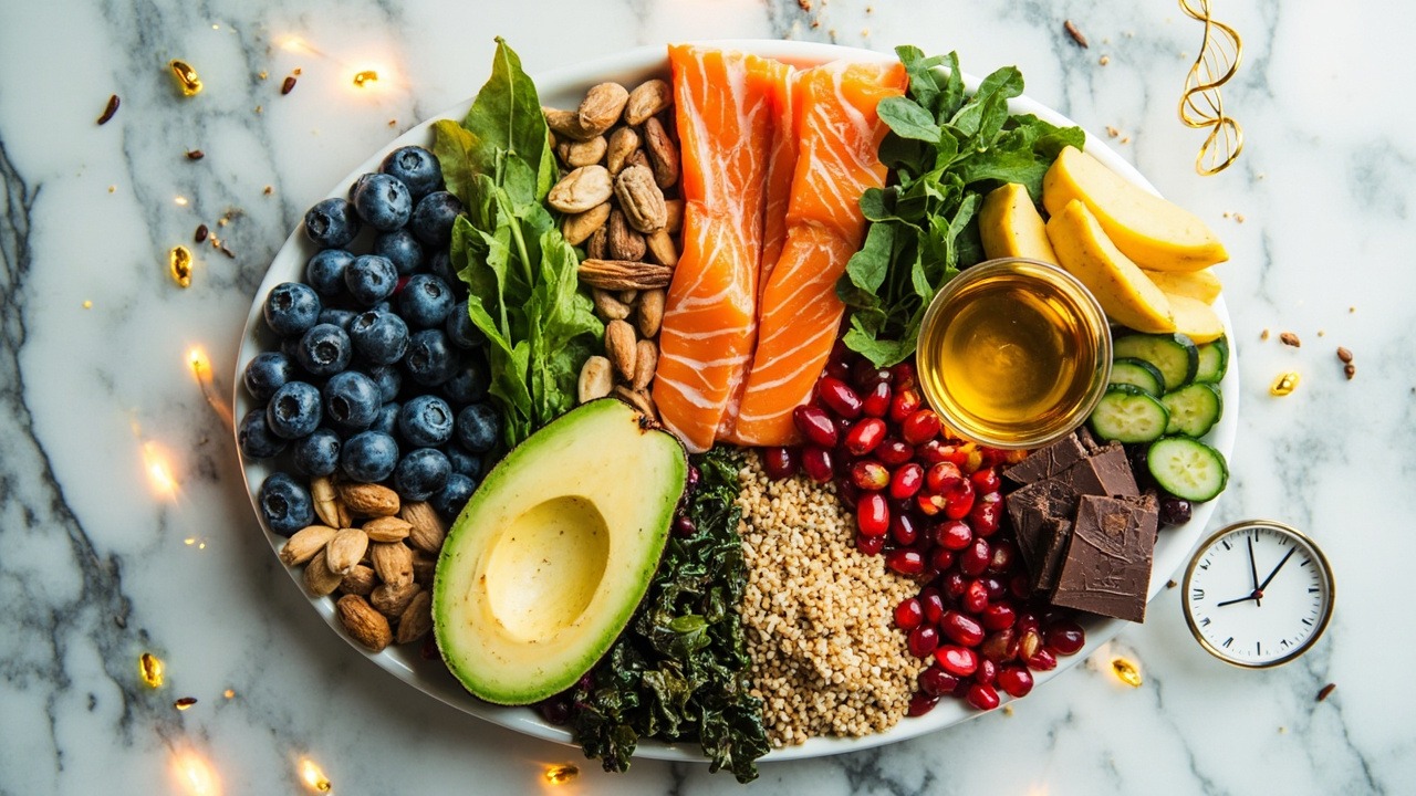 Colorful array of superfoods for longevity including berries, leafy greens, nuts, and fish arranged on a wooden surface