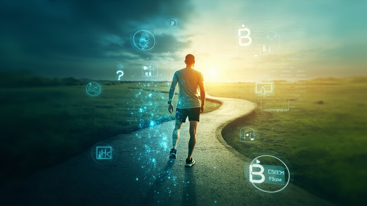 Person walking on a path tracking steps on fitness device showing daily step count progress