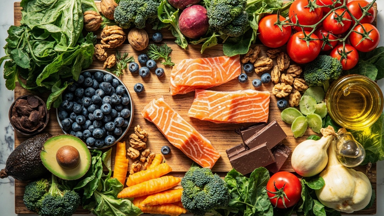 Colorful array of longevity foods including berries, leafy greens, nuts, and fish arranged on a wooden table