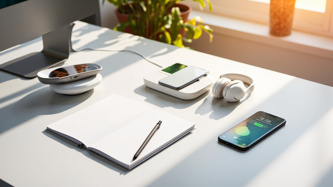 Essential productivity gadgets including smart notebook, wireless charging station, noise-canceling headphones, and time-tracking device arranged on a modern desk