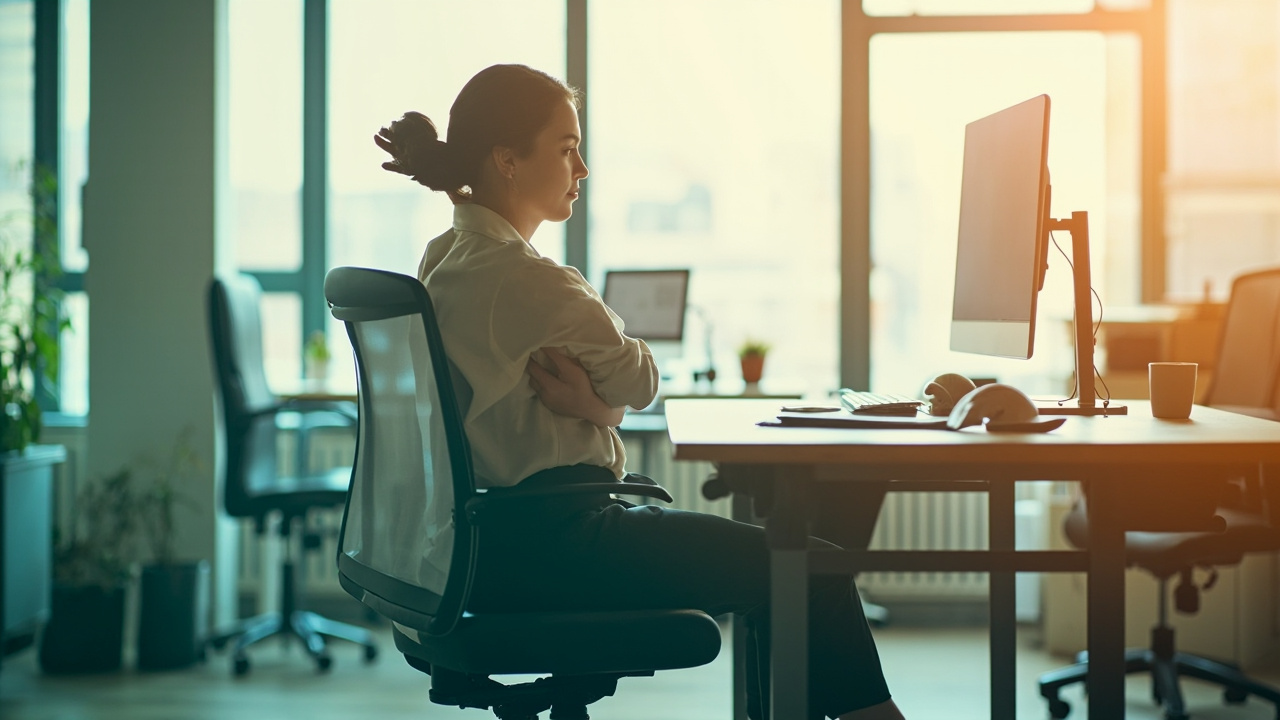 Professional demonstrating desk yoga poses in office setting