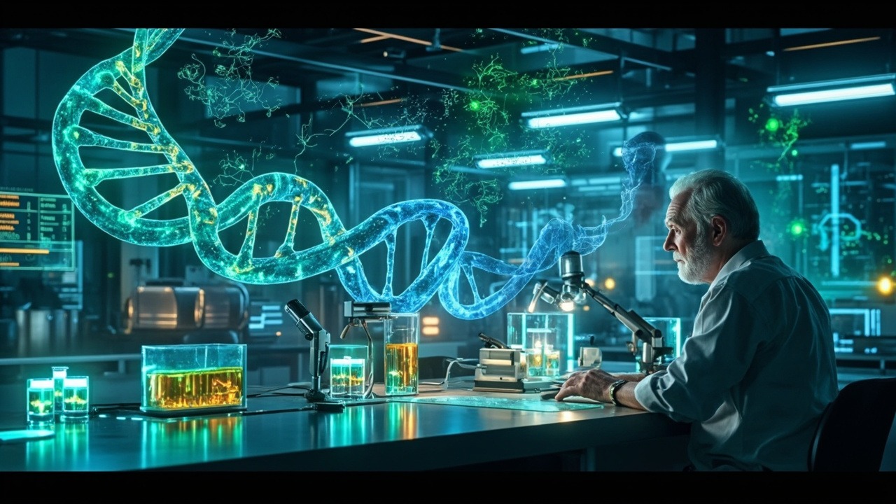 Aging science laboratory research showing cellular rejuvenation experiments and longevity drug development in 2025