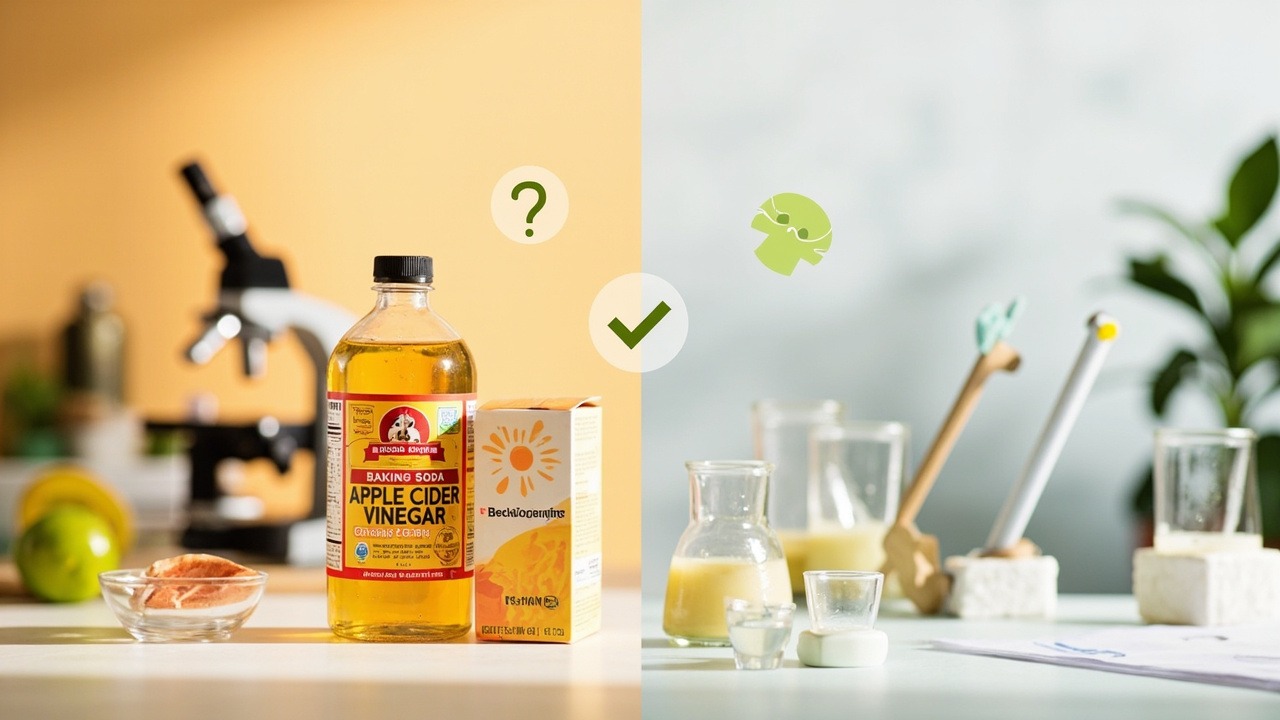 Apple vinegar and baking soda in glass containers with measuring spoons showing proper ratios for safe usage