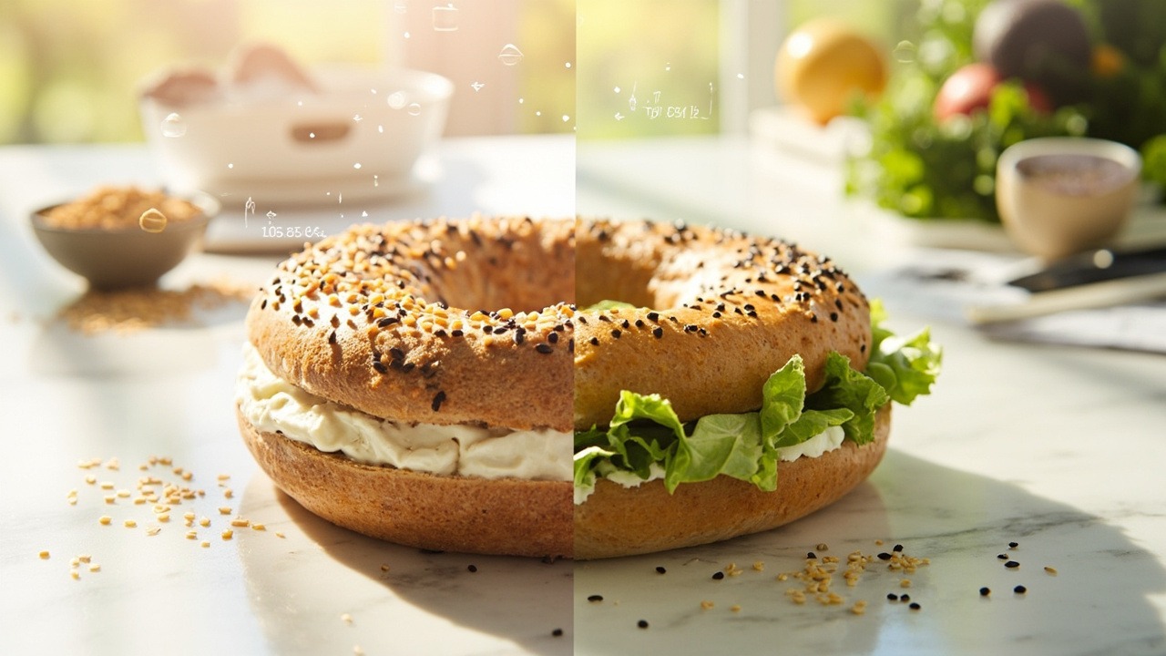 Visual breakdown of bagel cream cheese calories showing different bagel types and cream cheese portions