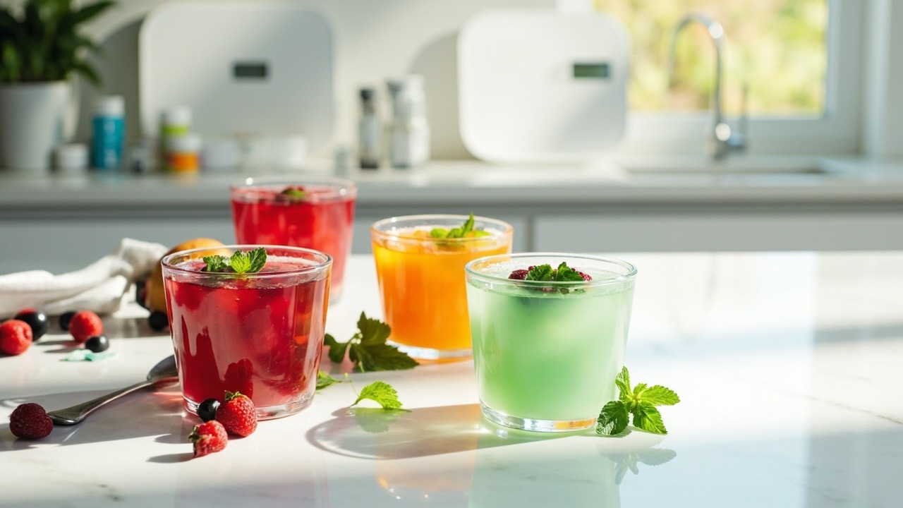 Colorful homemade bariatric gelatin cups arranged on a clean white surface showing perfect texture and portion sizes