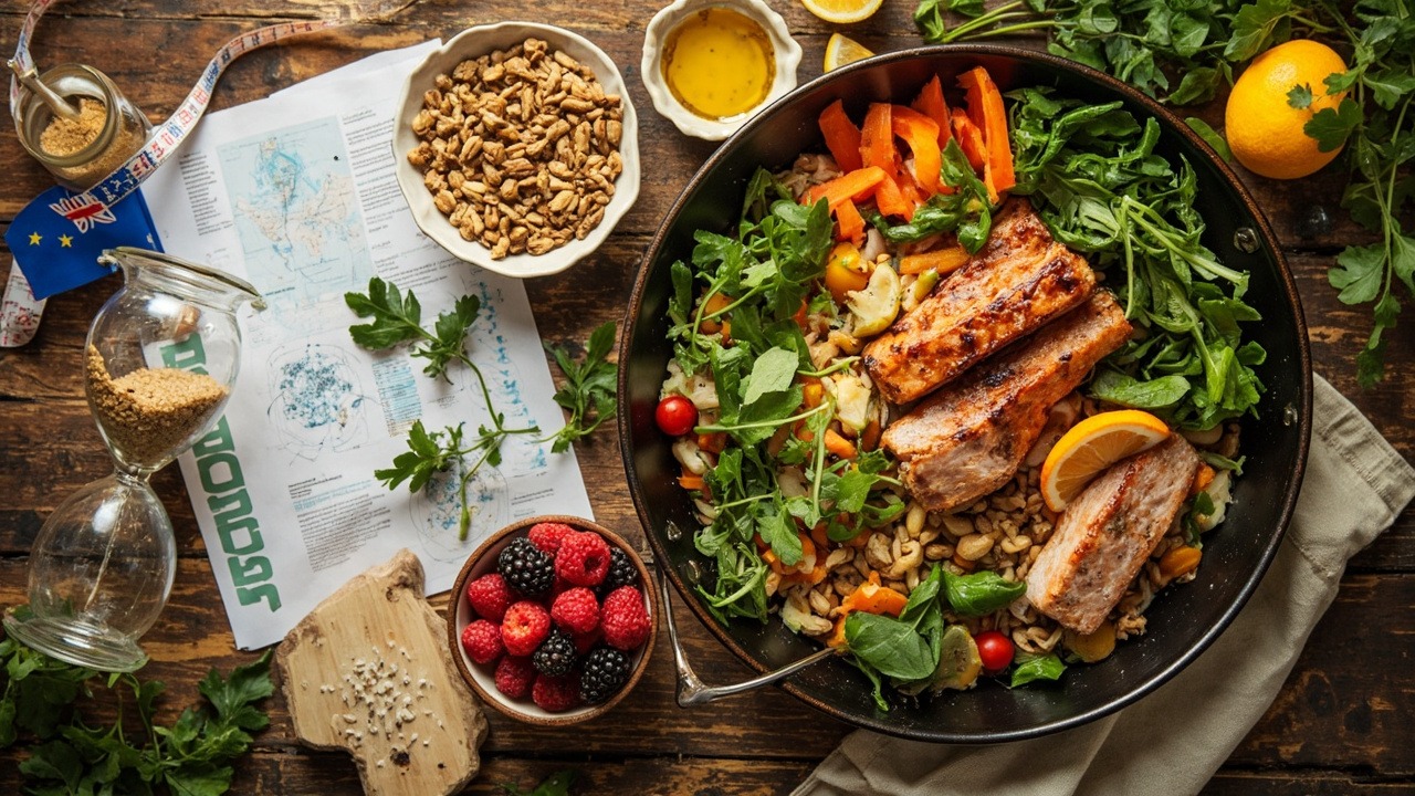 Mediterranean diet foods including olive oil, vegetables, fish, and nuts arranged on a table representing the best diet for longevity