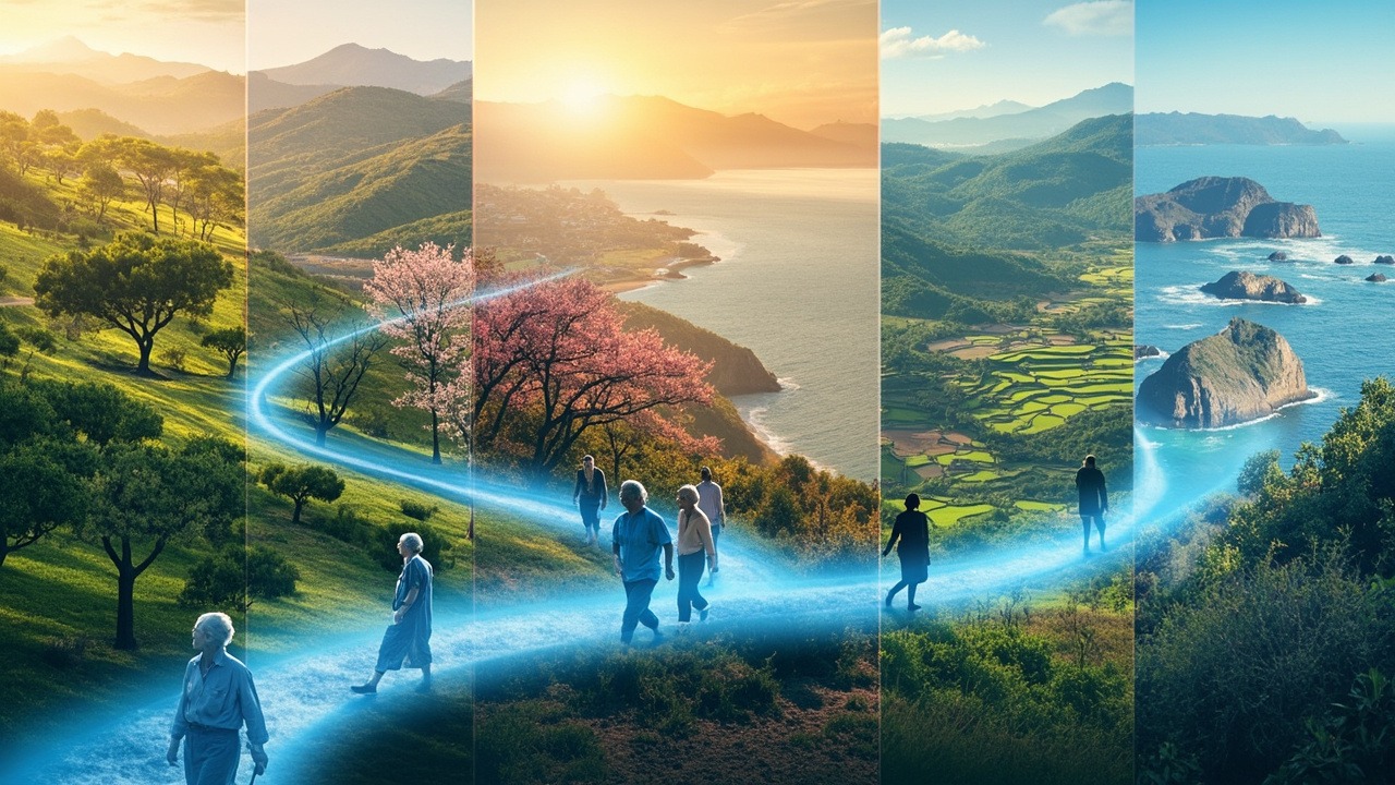 Blue zones longevity secrets from around the world showing healthy communities