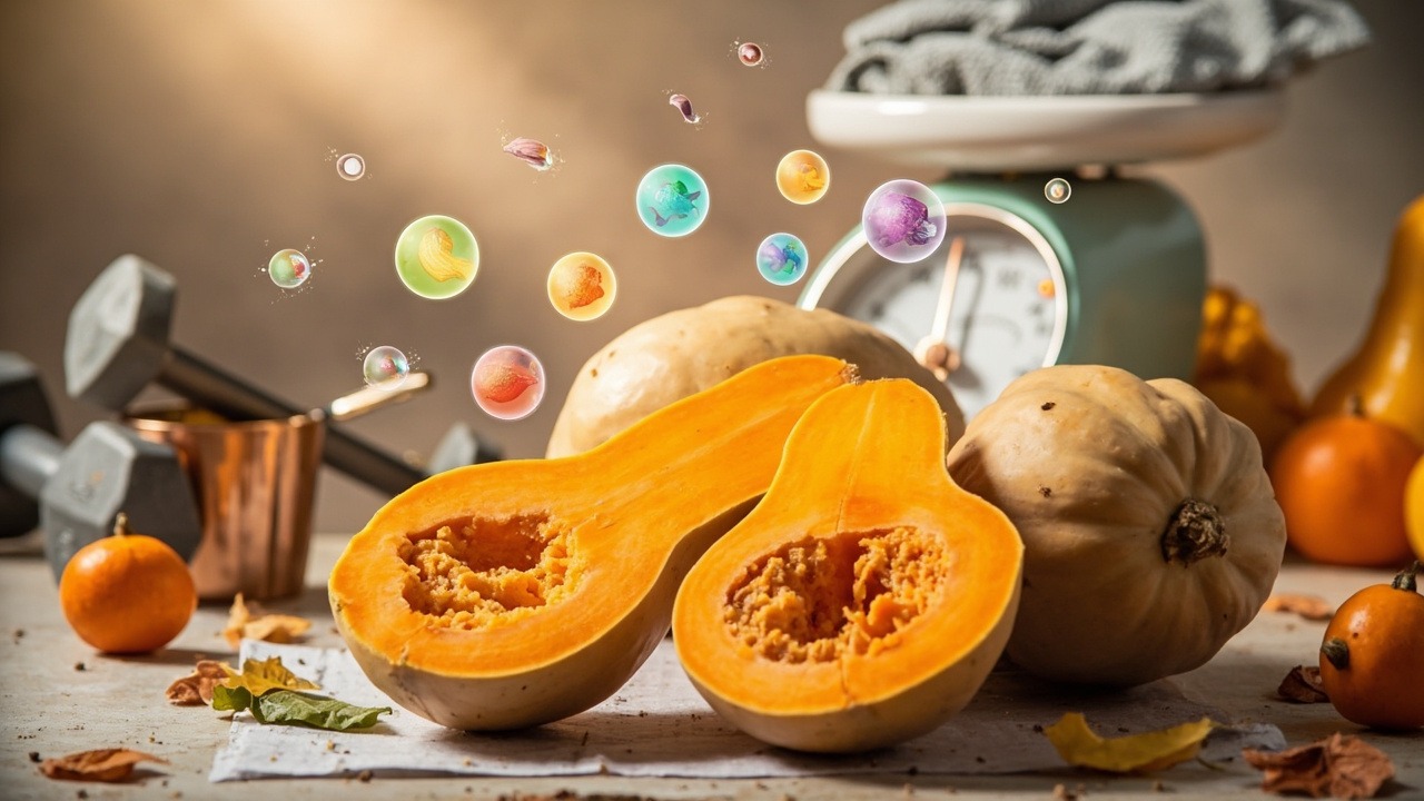 Butternut squash nutrition facts chart showing vitamins, minerals and health benefits