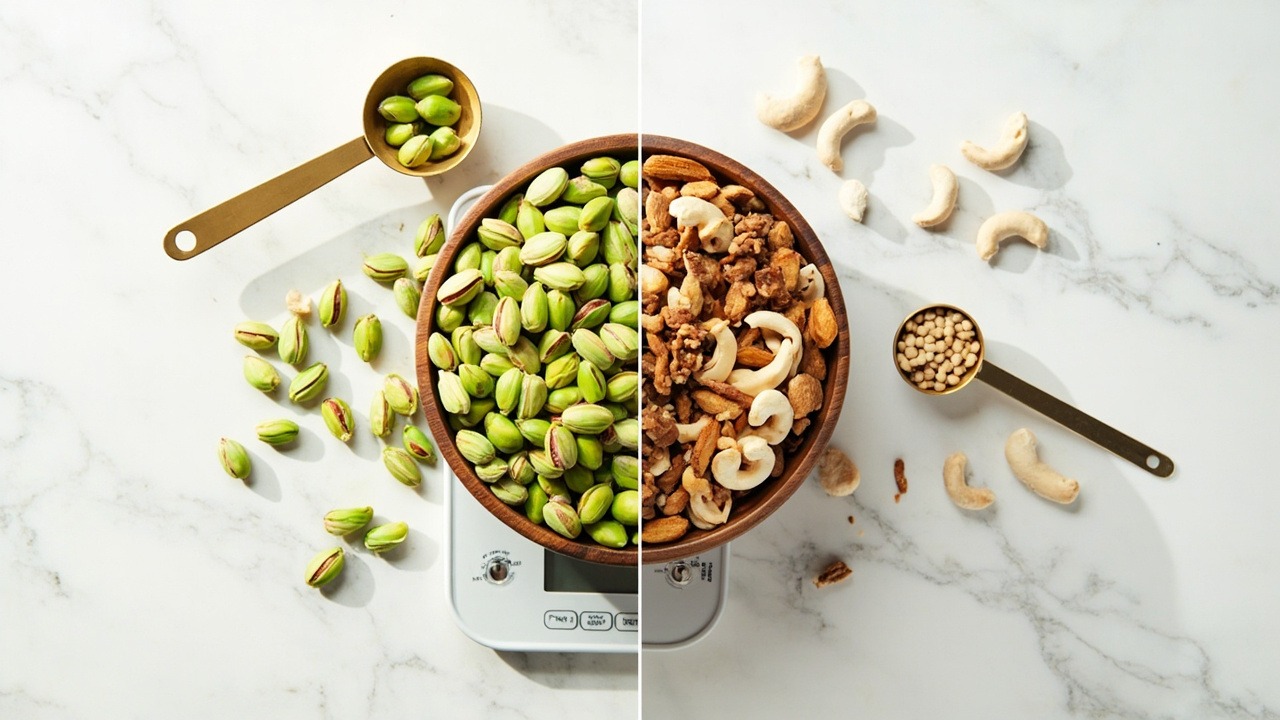 Colorful array of different nuts including pistachios, almonds, walnuts and cashews showing portion sizes and calorie comparisons