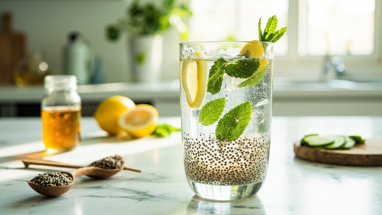 Fresh chia water in glass jar showing perfectly hydrated chia seeds with gel-like consistency