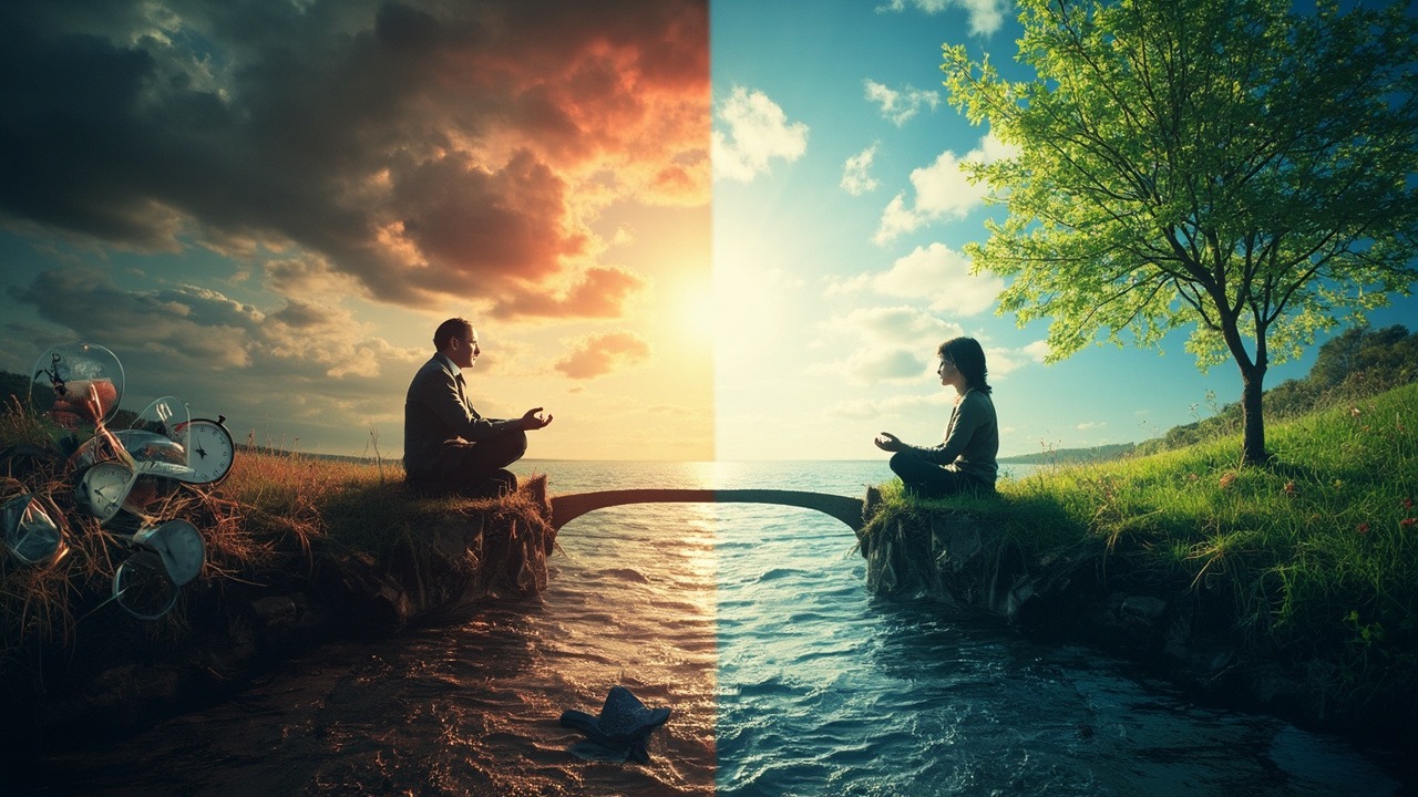 Visual representation of chronic stress impact on human body showing physiological changes and aging acceleration