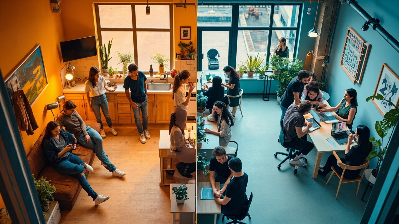 Modern co-living and coworking space comparison showing collaborative environments