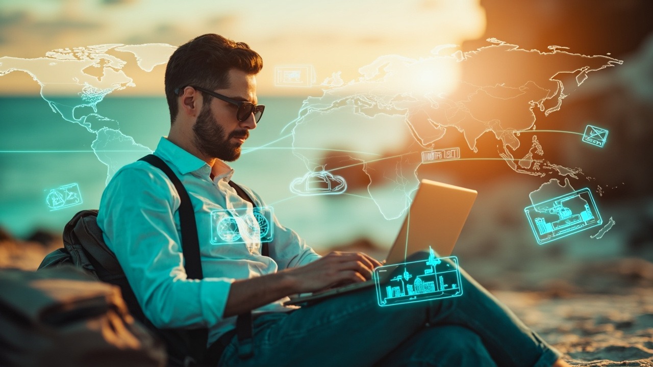 Digital nomad working on laptop while traveling internationally