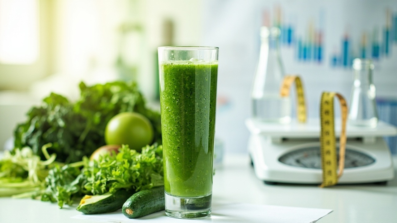 Fresh vegetable and fruit juices in glasses with measuring tape, representing juicing recipes for weight loss