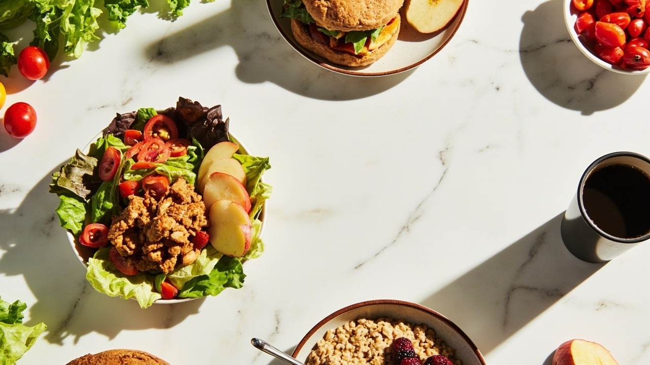 Healthy McDonald's food options including salads and grilled items displayed on a clean white background