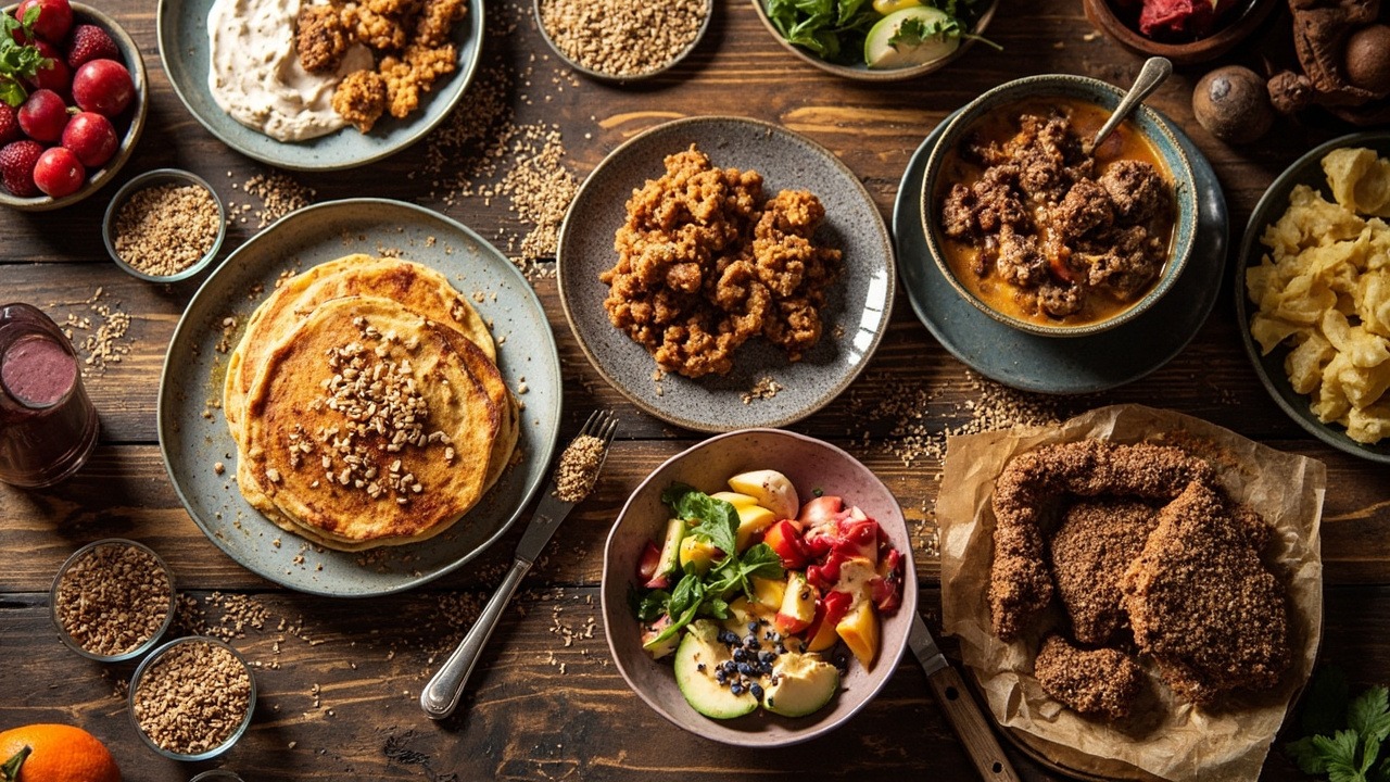 Assorted flax seed recipes including smoothies, baked goods, and breakfast dishes arranged on a wooden table