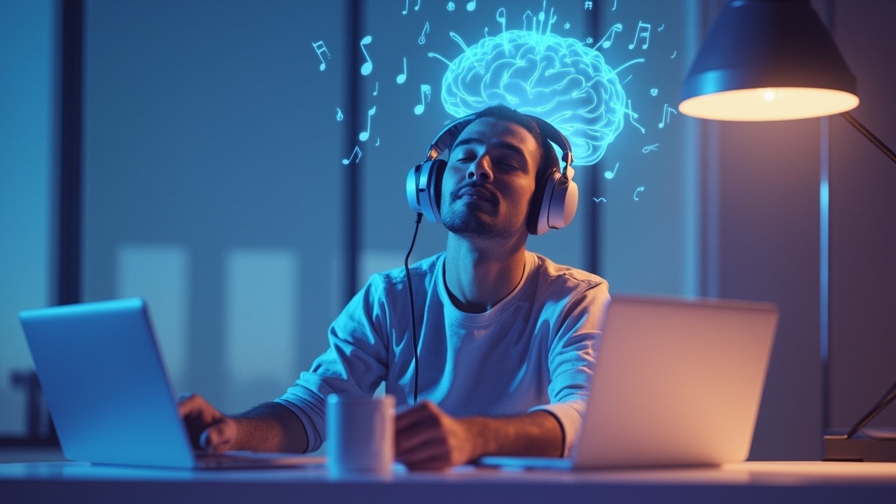 Brain waves and musical frequencies visualization showing how focus-enhancing music affects neural activity