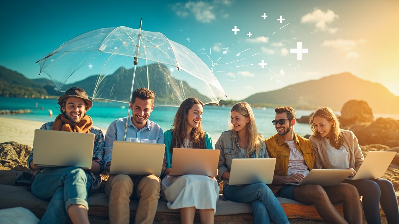 Digital nomad reviewing health insurance options on laptop while working remotely
