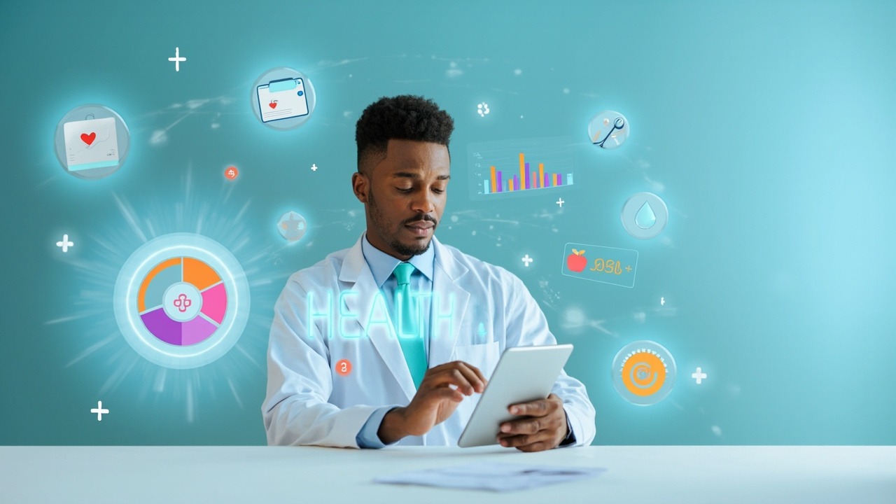 Person taking a digital health assessment quiz on a smartphone with health metrics displayed on screen