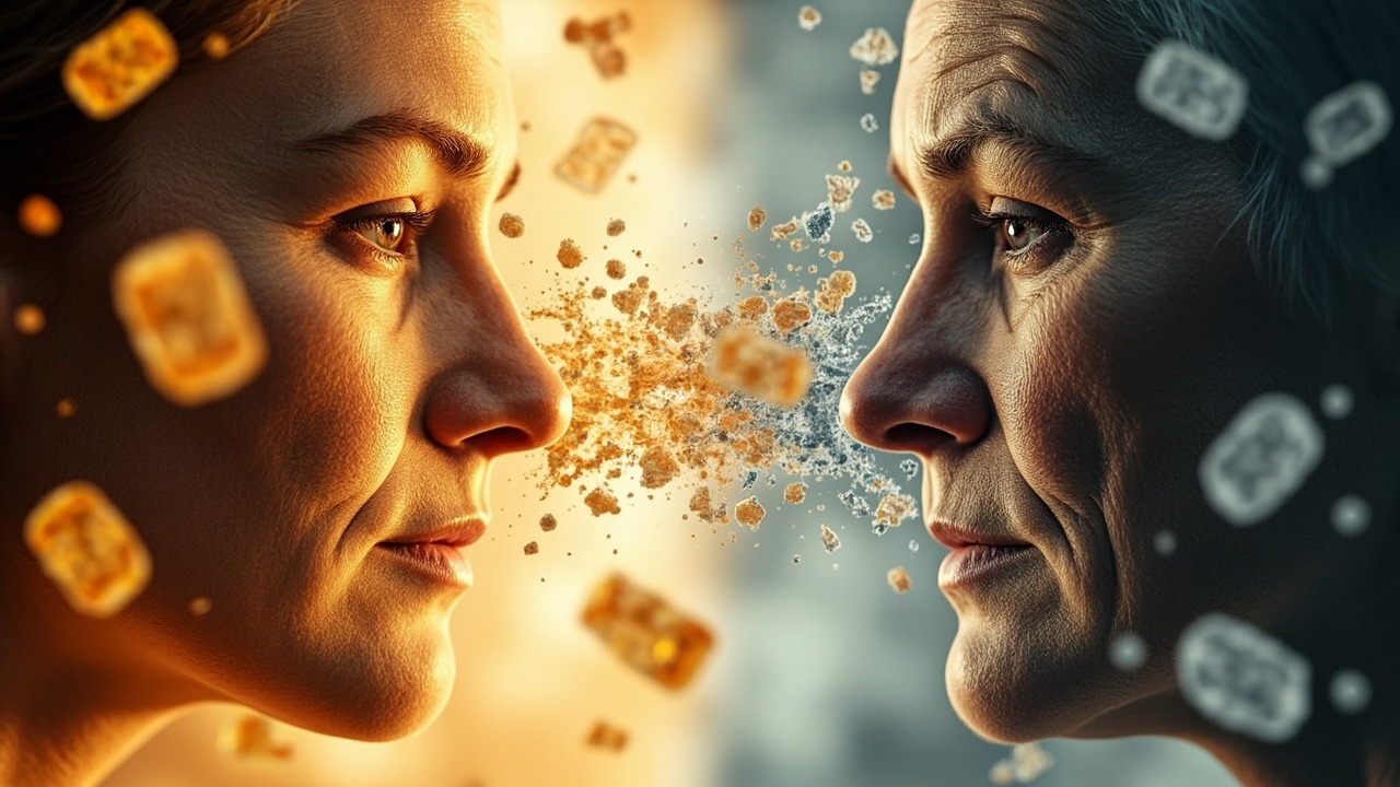 Scientific illustration showing how sugar molecules interact with cellular proteins to accelerate aging through glycation process
