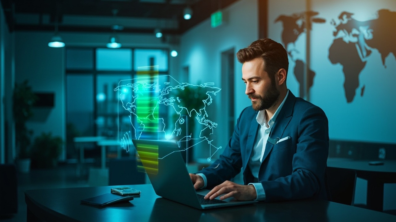 Digital nomad working with reliable internet connection in modern coworking space