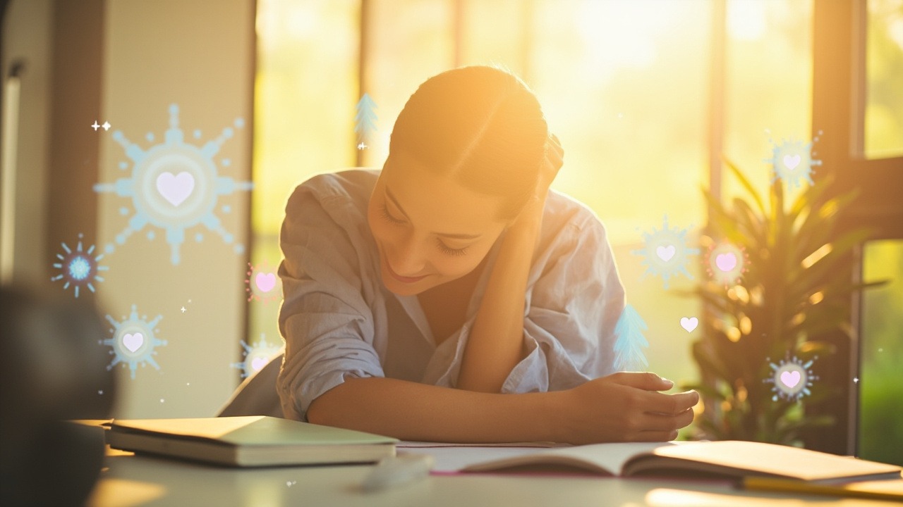 Professional showing self-compassion while working, demonstrating improved productivity through mindful self-care practices
