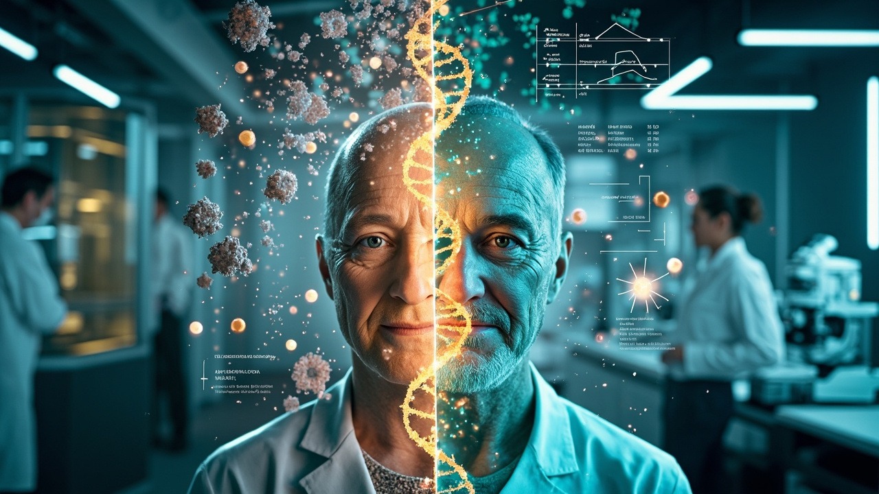 Advanced longevity research laboratory with scientists analyzing cellular reprogramming data and anti-aging breakthrough technologies