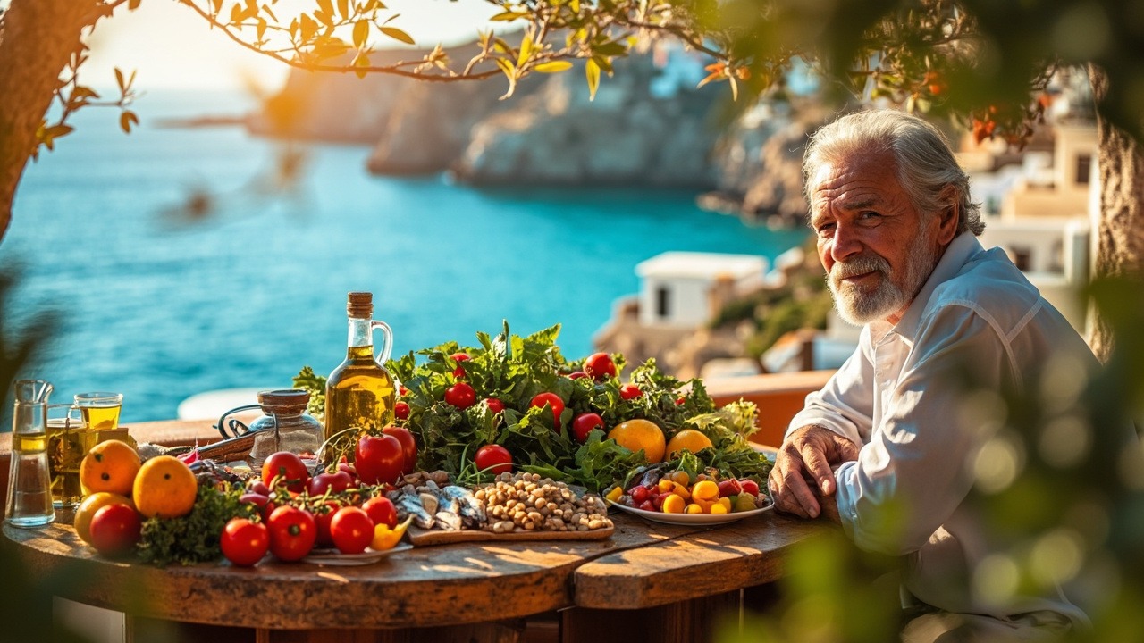 Mediterranean diet foods including olive oil, fish, vegetables and fruits arranged on a wooden table