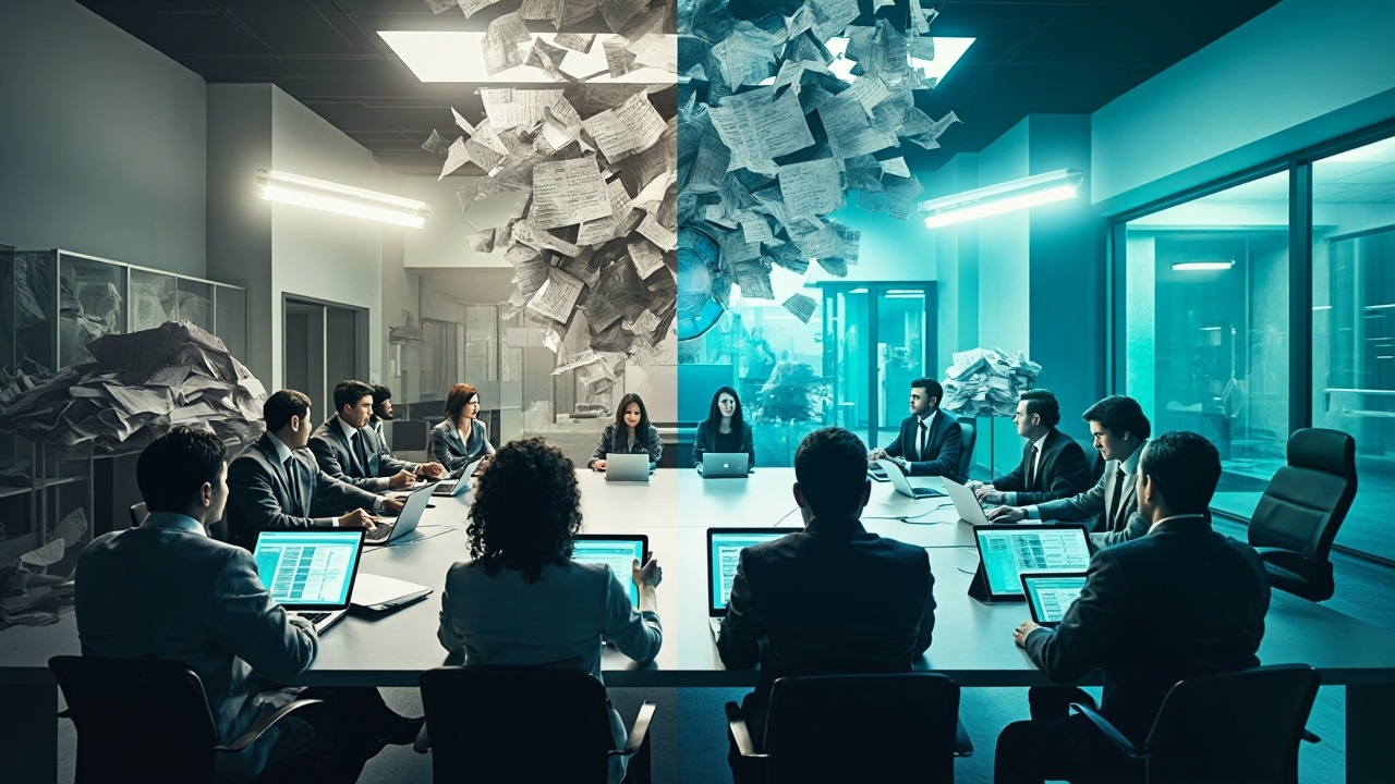 Professional team collaborating efficiently in a modern conference room with digital tools and focused discussion