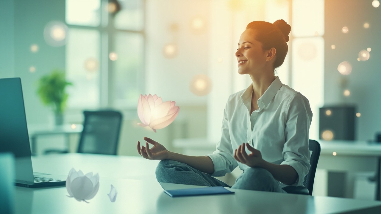 Professional practicing mindfulness techniques at work desk