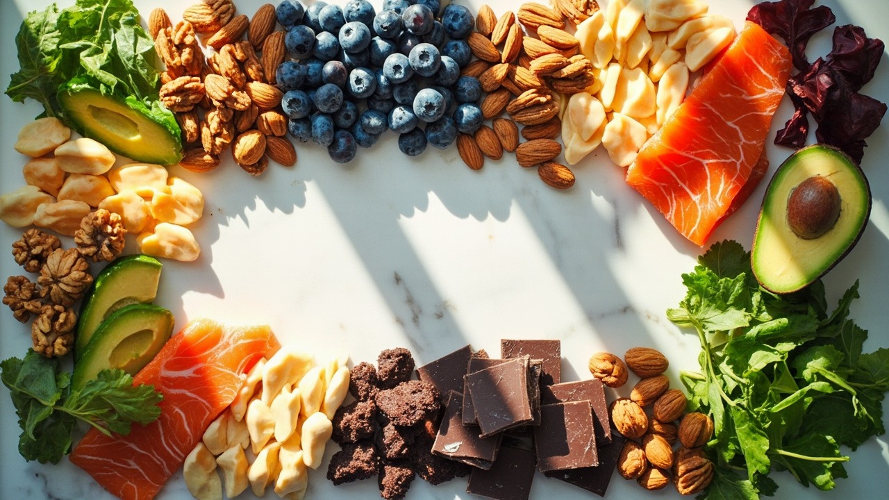 Assortiment de brain foods riches en oméga-3 incluant noix, saumon et graines