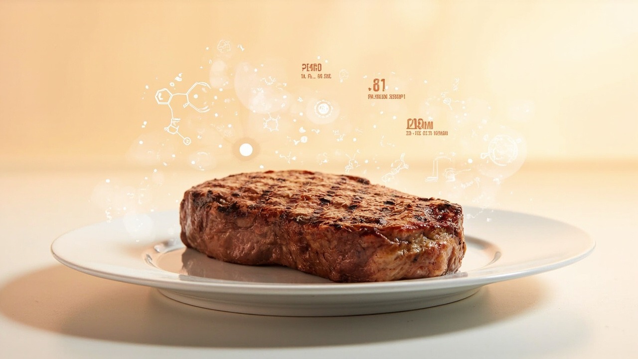 Detailed nutrition facts breakdown showing calories, protein, fat and vitamins in different cuts of steak