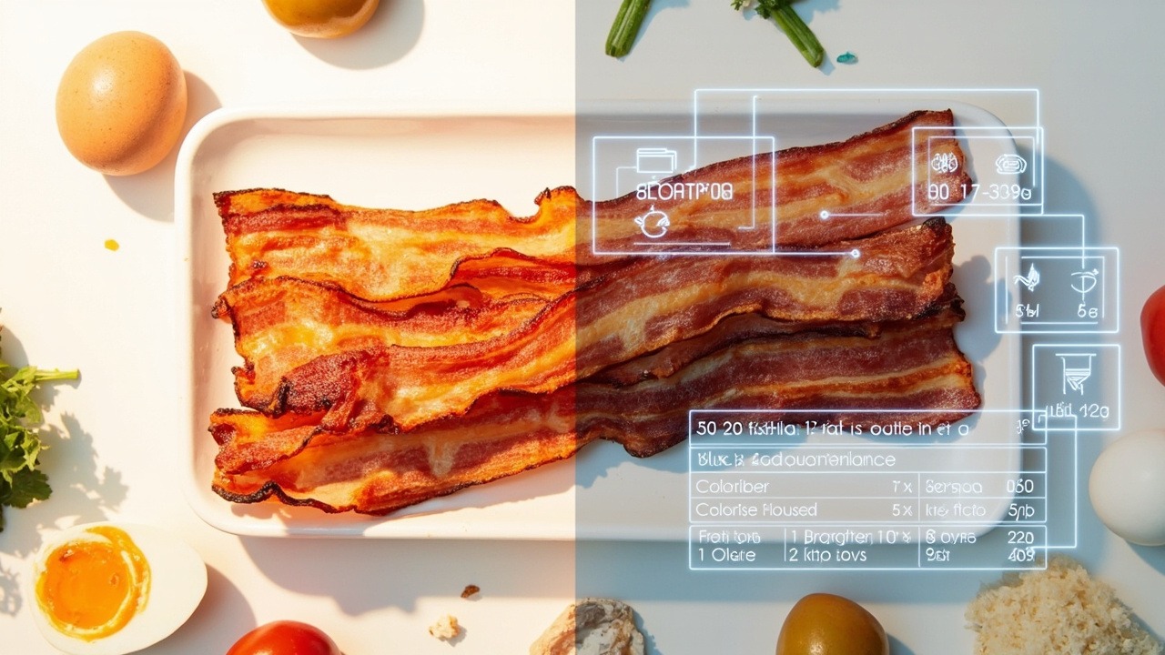 Comprehensive nutrition facts breakdown for bacon showing calories, macros, and micronutrients