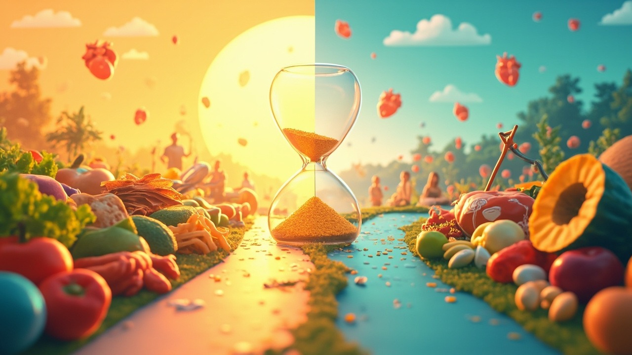 Medical illustration showing the impact of obesity on life expectancy with health statistics and body comparison