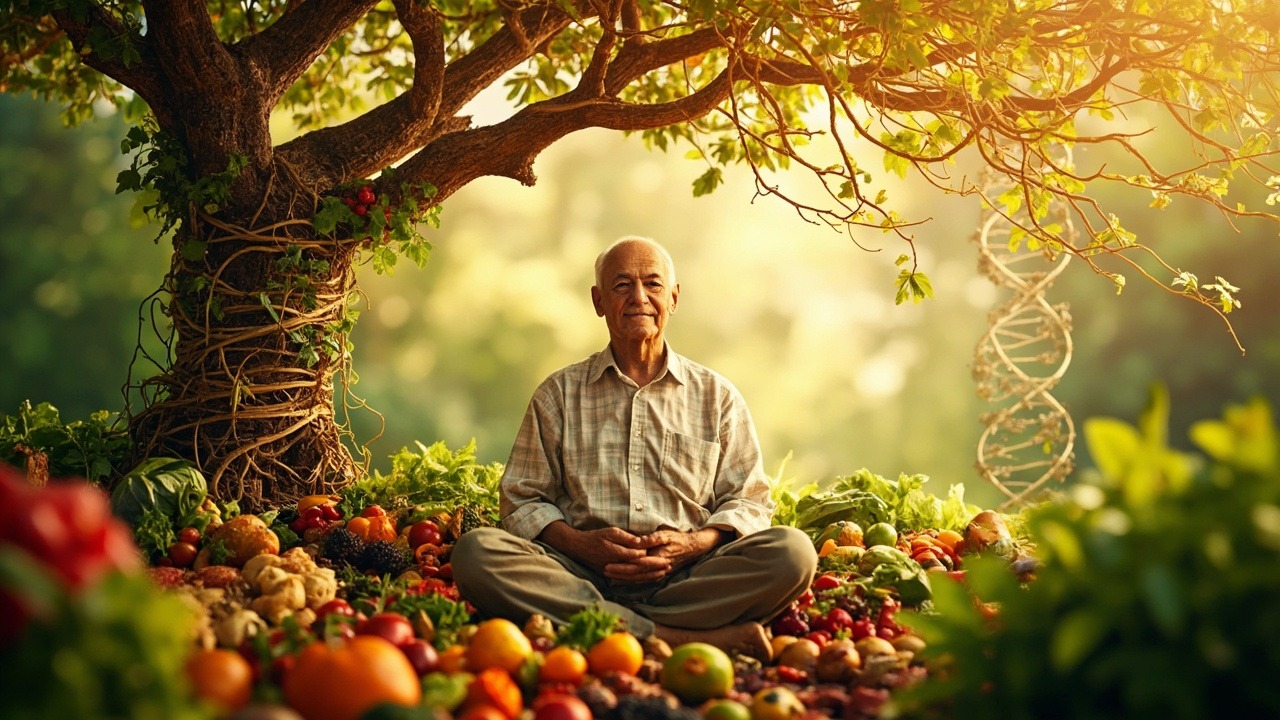 Elderly person preparing colorful plant-based meal with fresh vegetables and fruits
