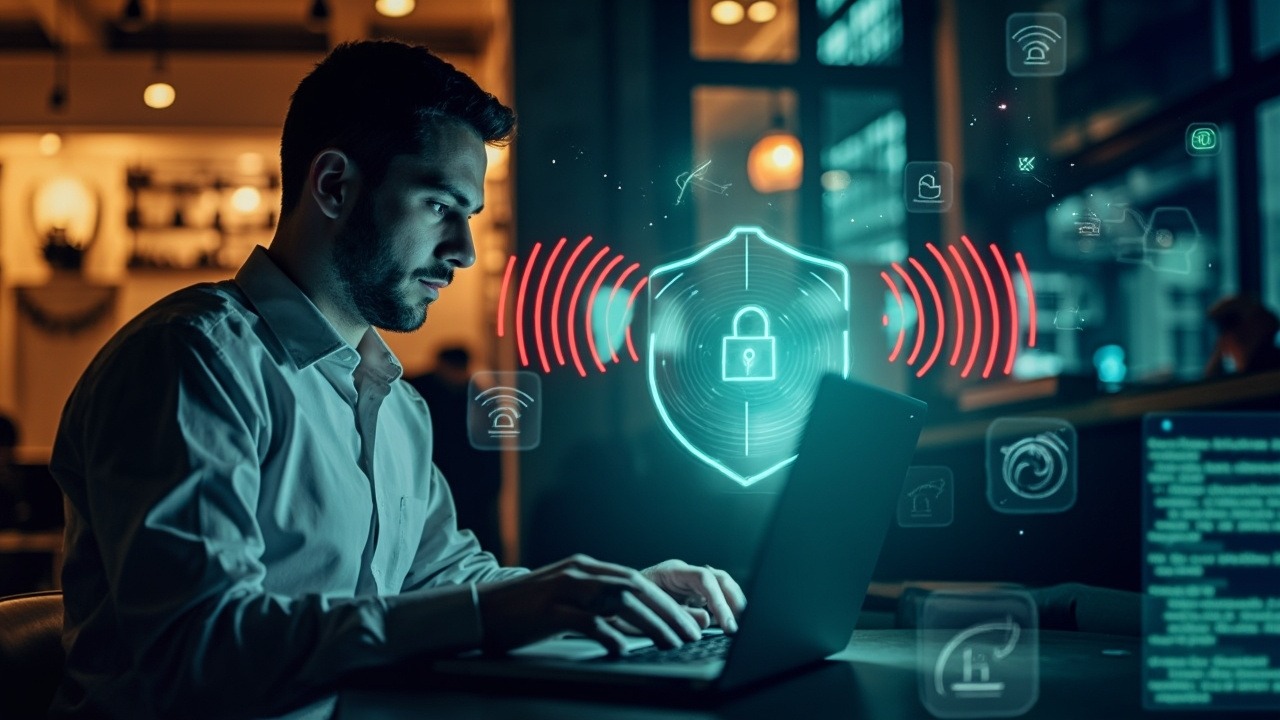 Remote worker using secure VPN connection on laptop in public coffee shop setting