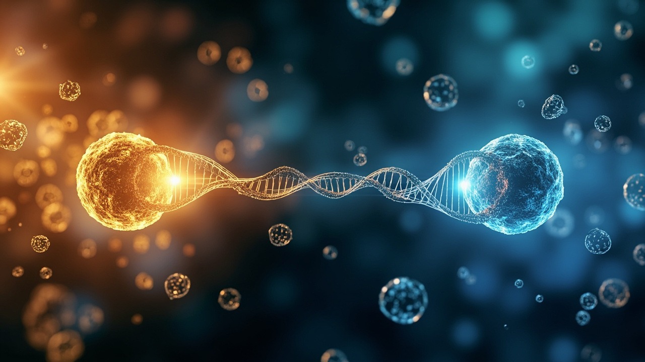 DNA double helix structure showing telomeres and aging process at chromosome ends