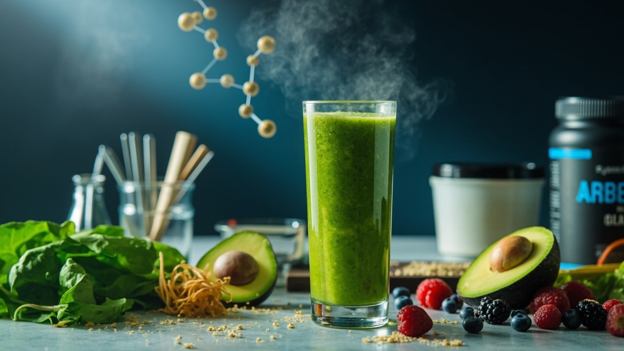 Evidence-based fat loss smoothie ingredients arranged on a kitchen counter with measuring tools