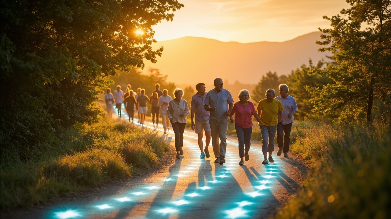 Person walking on a path with step counter overlay showing daily walking goals for longevity