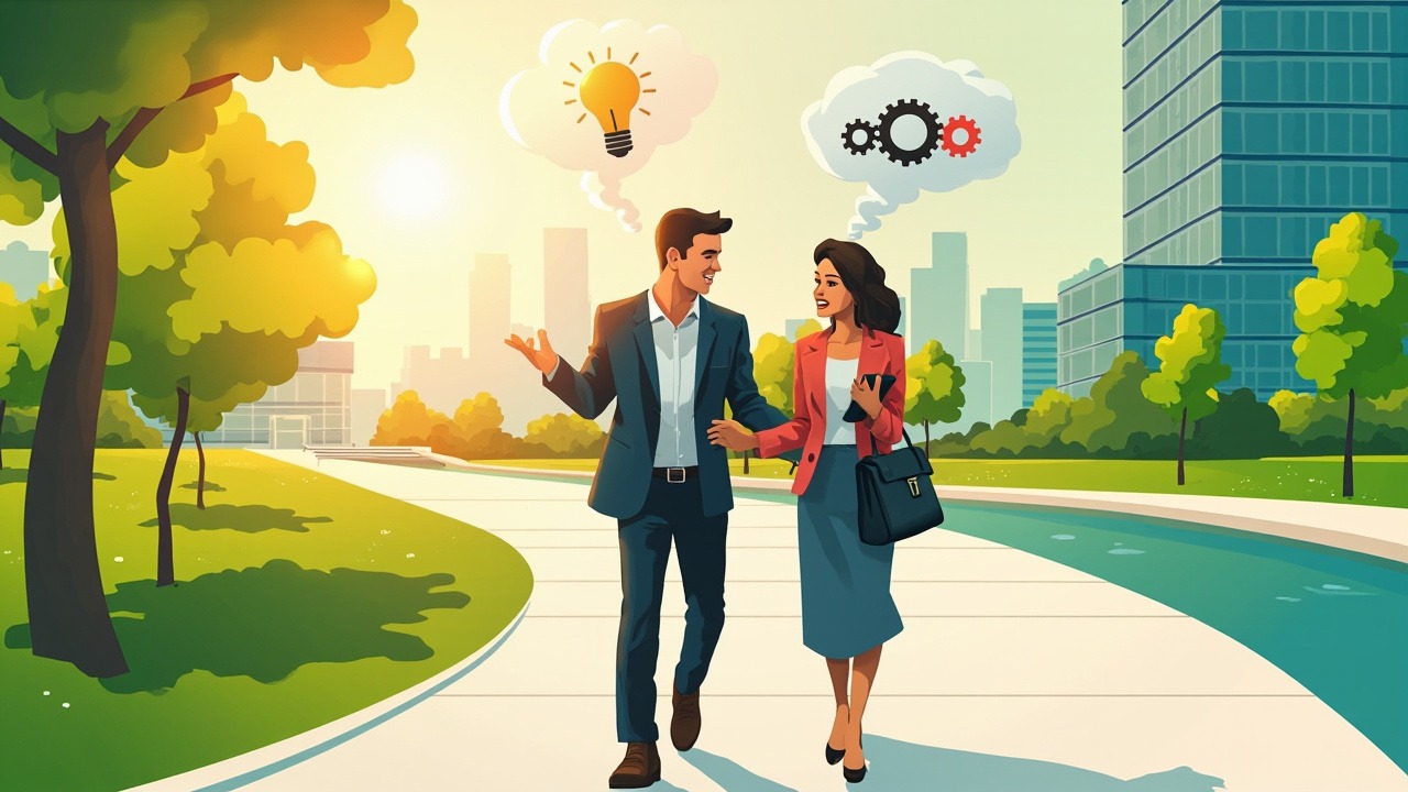 Professionnels en walking meeting dans un environnement naturel