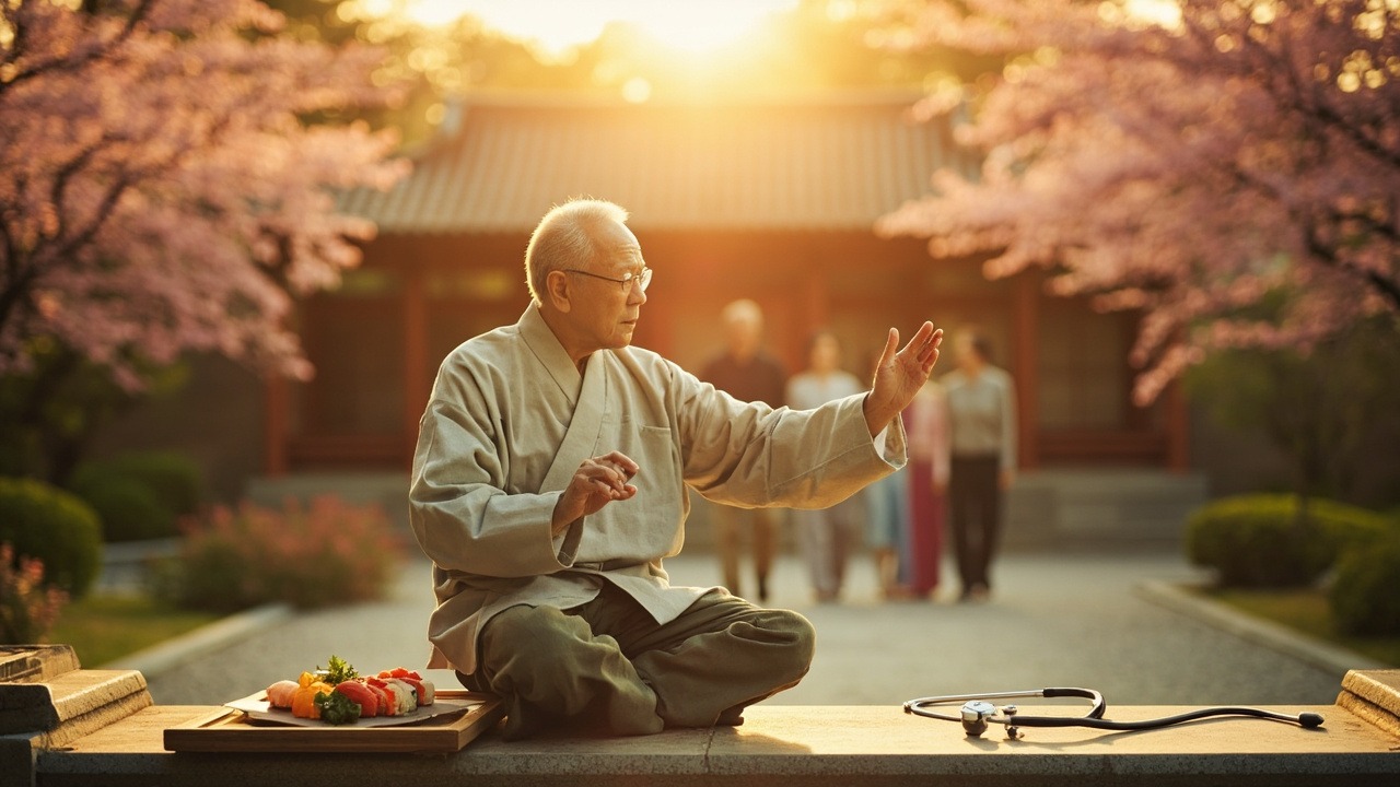 Traditional Japanese healthy foods including fish, vegetables, and rice contributing to longevity